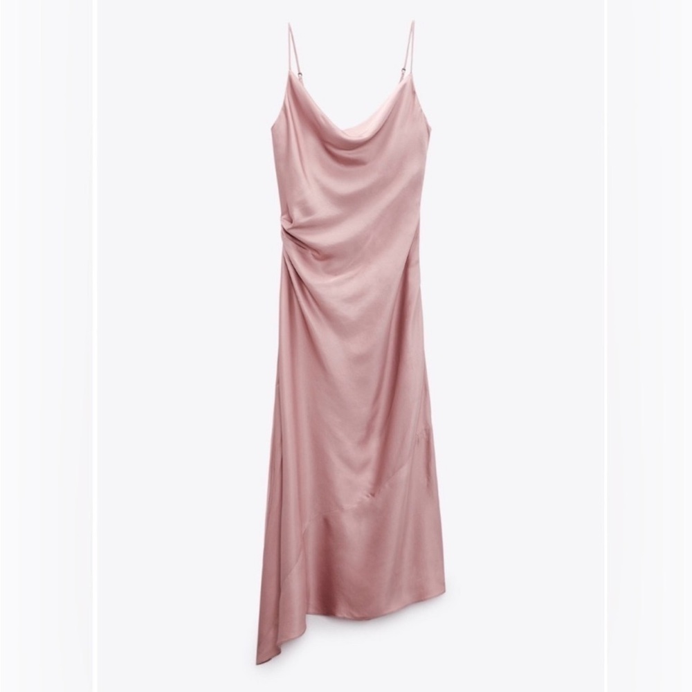 Zara Blush Cowl Neck Spaghetti Strap Slip Dress Asymmetrical Hem M - Picture 5 of 16
